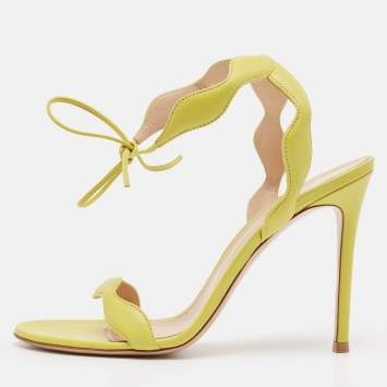 Pre Owned Gianvito Rossi Yellow Leather Wavy Ankle Tie Sandals Size 39.5