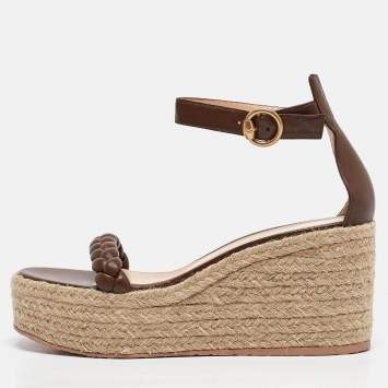Pre Owned Gianvito Rossi Brown Braided Leather Merida Espadrille Wedge Sandals Size 40.5