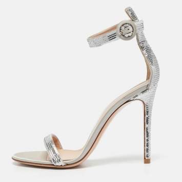 Pre Owned Gianvito Rossi Silver Sequins Montecarlo Ankle Strap Sandals Size 37