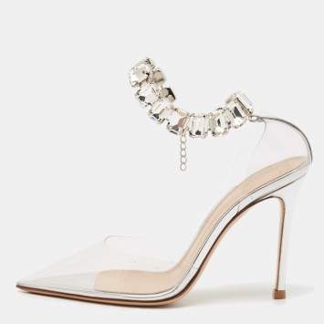 Pre Owned Gianvito Rossi Transparent PVC Crystal Embellished Ankle Strap Pumps Size 35