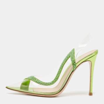 Pre Owned Gianvito Rossi Transparent/Green PVC and Suede Embellished Hortensia Pumps Size 38