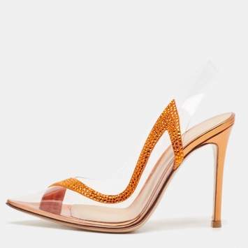 Pre Owned Gianvito Rossi Transparent/Orange PVC and Suede Embellished Hortensia Pumps Size 35
