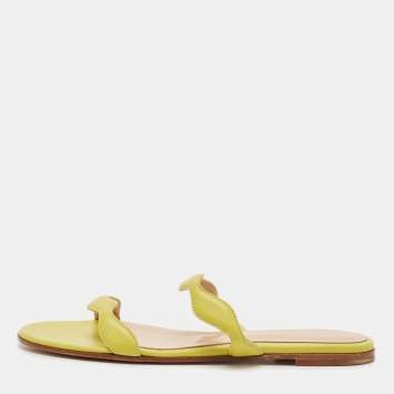 Pre Owned Gianvito Rossi Green Leather Wavy Flat Slides Size 39