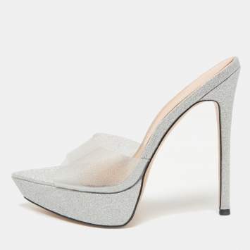 Pre Owned Gianvito Rossi Silver Glitter PVC Betty Platform Slide Sandals Size 39