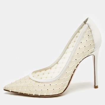 Pre Owned Gianvito Rossi White Leather and Mesh Crystal Embellished Rea Pumps Size 37