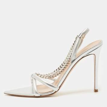 Gianvito Rossi Silver Leather Chain Detail Slingback Sandals Size 41