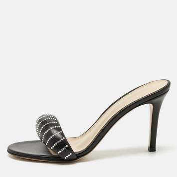 Gianvito Rossi Black Leather Crystal Embellished Bijoux Sandals Size 37.5