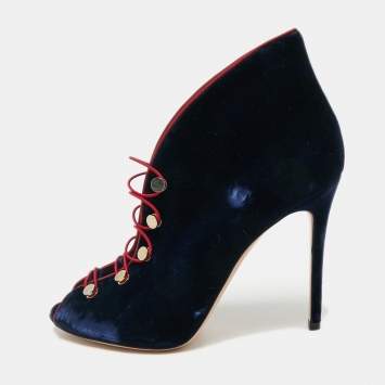 Gianvito Rossi Navy Blue Velvet Miral Open Toe Ankle Boots Size 41