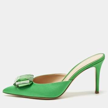 Gianvito Rossi Green Satin Jaipur Crystal Pointed Toe Mules Size 40
