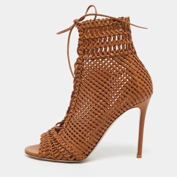 Pre Owned Gianvito Rossi Brown Woven Leather Marnie Lace Up Peep Toe Ankle Boots Size 39
