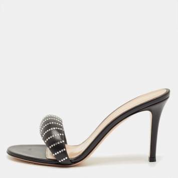 Pre Owned Gianvito Rossi Black Leather Crystal Embellished Bijoux Sandals Size 38