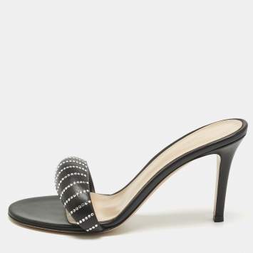 Pre Owned Gianvito Rossi Black Leather Bijoux Crystal Sandals Size 38