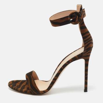 Pre Owned Gianvito Rossi Brown Zebra Print Suede Portofino Sandals Size 41