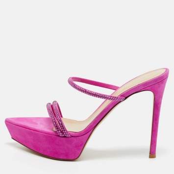 Pre Owned Gianvito Rossi Fuchsia Suede Crystal Embellished Cannes Sandals Size 38