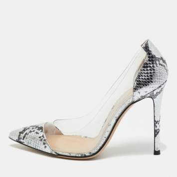 Pre Owned Gianvito Rossi Silver Snake Embossed Leather and PVC Plexi Pumps Size 37