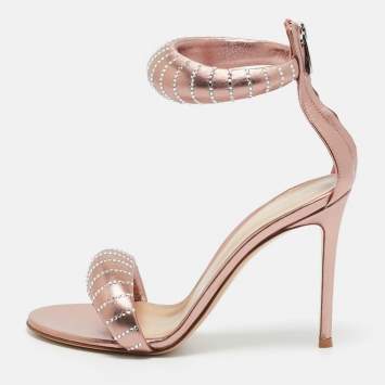 Pre Owned Gianvito Rossi Rose Gold Leather Crystal Embellished Bijoux Sandals Size 38.5