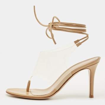 Pre Owned Gianvito Rossi Beige Leather and PVC Plexi Thong Wrap Sandals Size 35