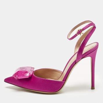 Pre Owned Gianvito Rossi Fuchsia Satin Jaipur Ankle Strap Pumps Size 39.5