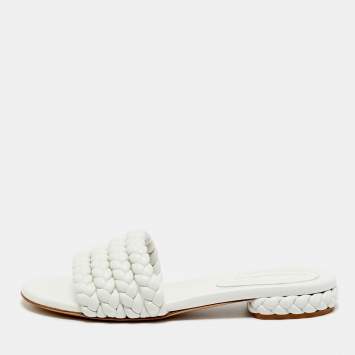 Pre Owned Gianvito Rossi White Braided Leather Flat Slides Size 38.5