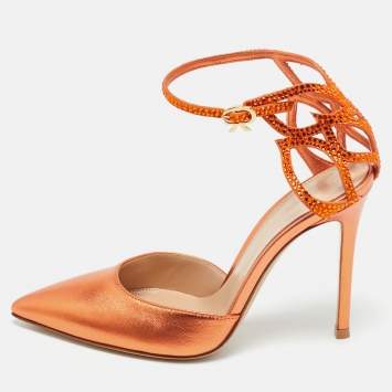 Pre Owned Gianvito Rossi Metallic Orange Leather Fleur Sandals Size 37
