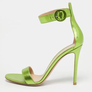 Pre Owned Gianvito Rossi Metallic Green Leather Portofino Ankle Strap Sandals Size 39