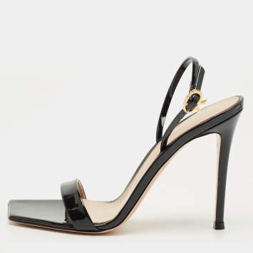 Pre Owned Gianvito Rossi Black Patent Leather Ribbon Stiletto Ankle Strap Sandals Size 38.5