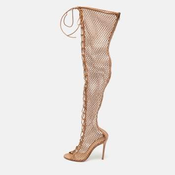 Pre Owned Gianvito Rossi Fishnet Size 37 Beige Leather and Mesh Over The Knee Boots