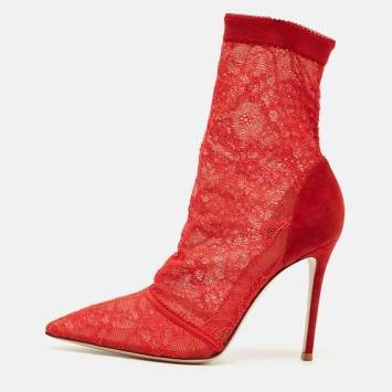 مملوكة مسبقًا Gianvito Rossi Size 39.5 Red Lace and Suede Ankle Length Boots