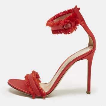 Pre Owned Gianvito Rossi Portofino Size 38.5 Red Satin Fringed Ankle Strap Sandals