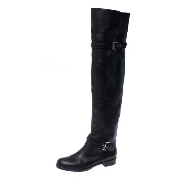 Pre Owned Gianvito Rossi Black Leather Buckle Detail Over The Knee Boots Size 37.5