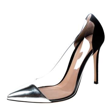 Pre Owned Gianvito Rossi Metallic Silver And Black Suede PVC Plexi Pointed Toe Pumps Size 39