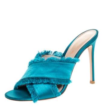 Pre Owned Gianvito Rossi Blue Frayed Satin Open Toe Slides Size 36.5