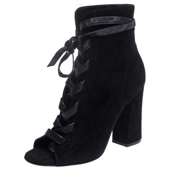 Pre Owned Gianvito Rossi Black Suede Leather Lace Up Open Toe Ankle Booties Size 40