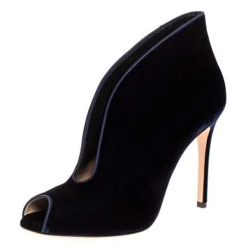 Pre Owned Gianvito Rossi Blue Velvet Vamp V Cut Peep Toe Booties Size 39.5