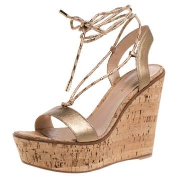 Pre Owned Gianvito Rossi Metallic Gold Leather Wedge Platform Ankle Wrap Sandals Size 40