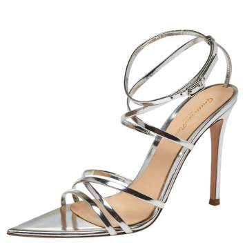 Pre Owned Gianvito Rossi Silver Leather Kim Cross Ankle Strap Sandals Size 37