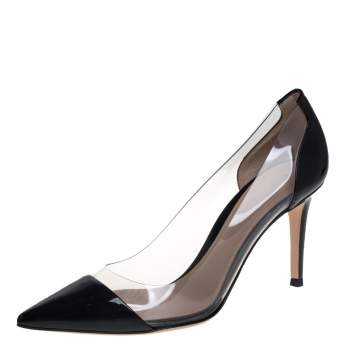 Pre Owned Gianvito Rossi Black Patent Leather And PVC Plexi Pointed Toe Pumps Size 38.5