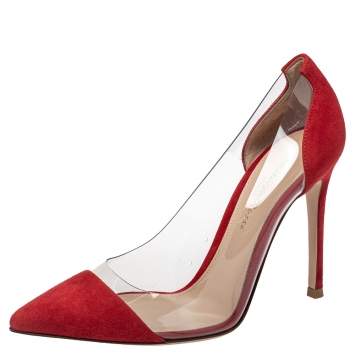 Pre Owned Gianvito Rossi Red Suede And PVC Plexi Pointed Toe Pumps Size 35