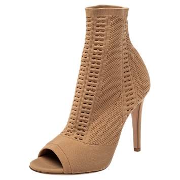 Pre Owned Gianvito Rossi Beige Knit Fabric Open Toe Ankle Boots Size 37
