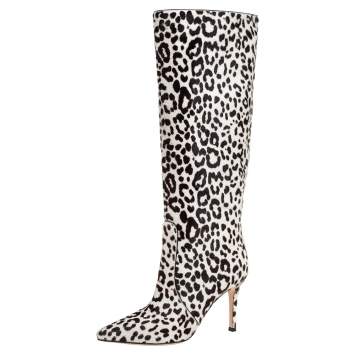 Pre Owned Gianvito Rossi White/Brown Calf Hair Knee Length Boots Size 36