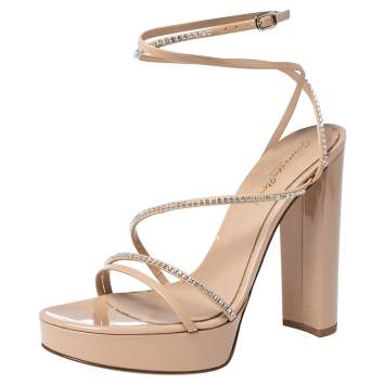 Pre Owned Gianvito Rossi Beige Patent Leather Crystal Embellished Ankle Strap Platform Sandals Size 38