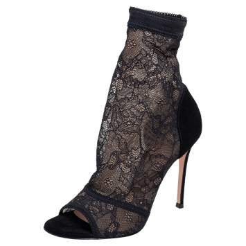 Pre Owned Gianvito Rossi Black Lace and Suede Missy Open Toe Ankle Boots Size Size 38.5