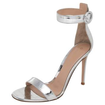 Pre Owned Gianvito Rossi Silver Croc Embossed Leather Portofino Sandals Size 39.5