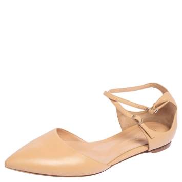 Pre Owned Gianvito Rossi Beige Leather D'Orsay Ankle Strap Flats Size 38.5