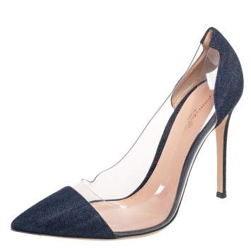 Pre Owned Gianvito Rossi Navy Blue Denim And PVC Plexi Pointed Toe Pumps Size 40