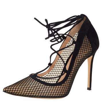 Pre Owned Gianvito Rossi Black Suede and Mesh Pointed-Toe Ankle-Tie Pumps Size 39