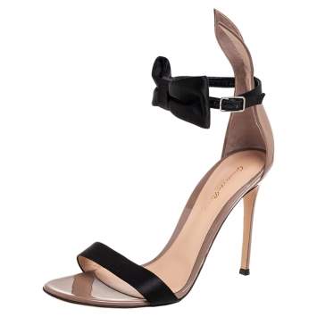 Pre Owned Gianvito Rossi Brown/Black Patent Leather And Satin Bow Detail Ankle Strap Sandals Size 40