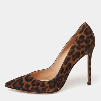 Pre Owned Gianvito Rossi Brown/Black Leopard Print Nubuck Leather Pointed-Toe Pumps Size 38.5