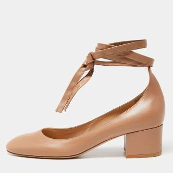 Pre Owned Gianvito Rossi Beige Leather Ribbon Block Heel Pumps Size 40