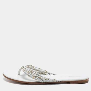 Pre Owned Gianvito Rossi White Leather Strappy Thong Flat Size 37